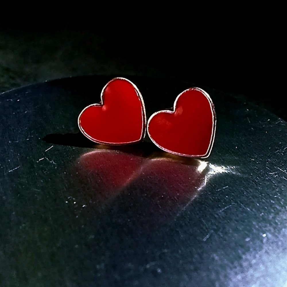 Red and Silver Enamel Heart Stud Earrings